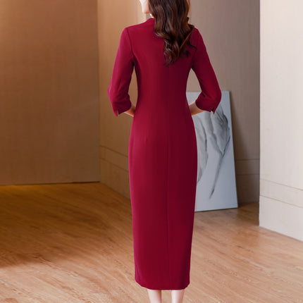 Xi mother-in-law wedding dress wine red dress 2023 autumn new fashion retro high-end slim dress