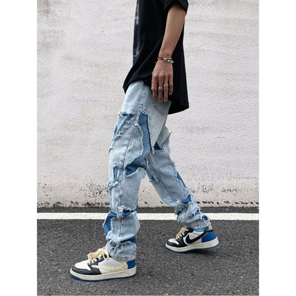American Street Knife Cut Hole Patch Washed Straight Jeans Men's and Women's High Street Personalized Hip-Hop Loose Long Pants