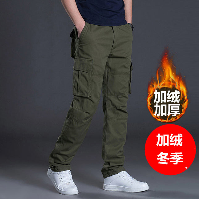 In stock men's quick-drying pants winter outdoor multi-pocket pants men's fleece-lined thick straight pants army green overalls