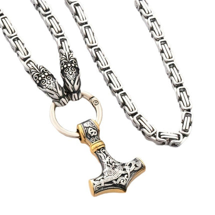Cross-border Explosions Nordic Viking Hammer Pendant Wolf Head Necklace Men's Stainless Steel Chain Norway Retro Style Wholesale