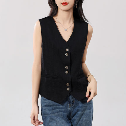 Linen V Neck Vest Cardigan for Women 2025 Summer New Pure Color Sleeveless with Pockets Layered Loose Waistcoat Top
