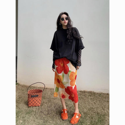 Skirt Retro 2024 New Skirt Women's Niche Design Print Slimming Tassel Pleated Pleated Skirt