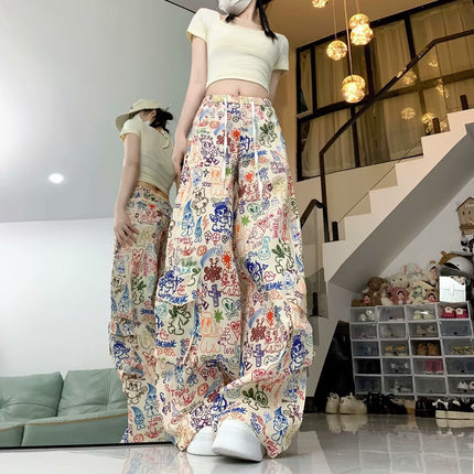 American Graffiti Print Casual Pants Autumn New Design High-Waisted Fashion Workwear Drape Floor-Length Pants for Women