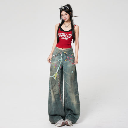 American Retro Printed Chain Design High-Waisted Wide-Leg Jeans for Women, New Spring and Autumn Loose Slimming Floor-Length Pants Trendy