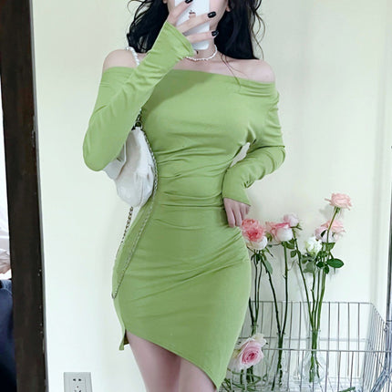 Off-Shoulder dress Women's Long-Sleeved Cold Style High-End Hot Girl Sexy Off-Shoulder Tight Waist Tight Base Hip Skirt