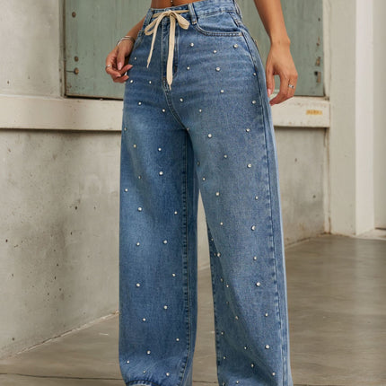 Beaded Jeans for Women Summer New Fashion High-Waisted Loose Slimming Straight Versatile Wide-Leg Floor-Length Pants with Fashionable
