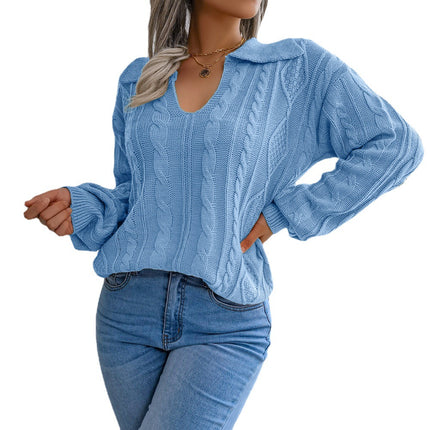 Clearance Sale: Autumn/Winter European and American Style Casual Turn-Down Collar Cable Knit Lantern Sleeve Sweater - Amazon Cross-Border Women's Fashion
