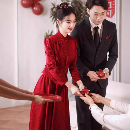 Chinese Style Toasting Dress New Style Bride's Vertical Collar Long Sleeve Slimming Back Door Dress Red Engagement Dress Women's Cheongsam Xiuhe Dress
