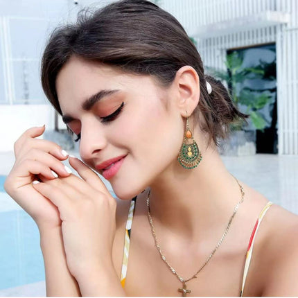 Bohemian Turquoise Earrings European and American Retro Owl Geometric Dreamcatcher Feather Tassel Earrings Women