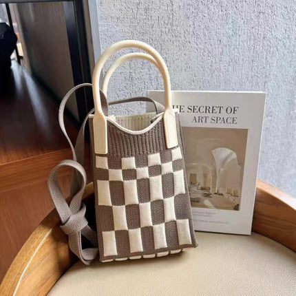 Mini Checkerboard Knitted Shoulder Crossbody Bag Handbag for Women Niche Design Phone Bag Phone Crossbody Handbag