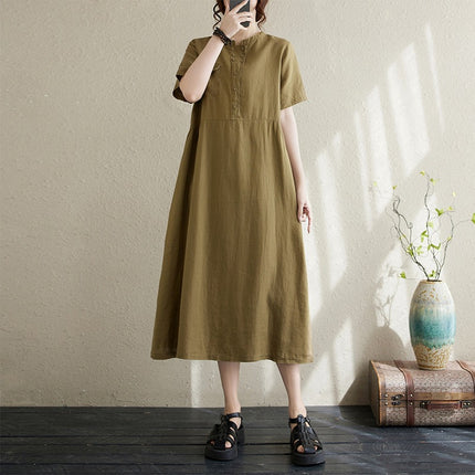 2025 Summer New Japanese Artistic Short-sleeved Cotton and Linen dress Women's Loose Slimming Solid Color Round Neck Long Skirt
