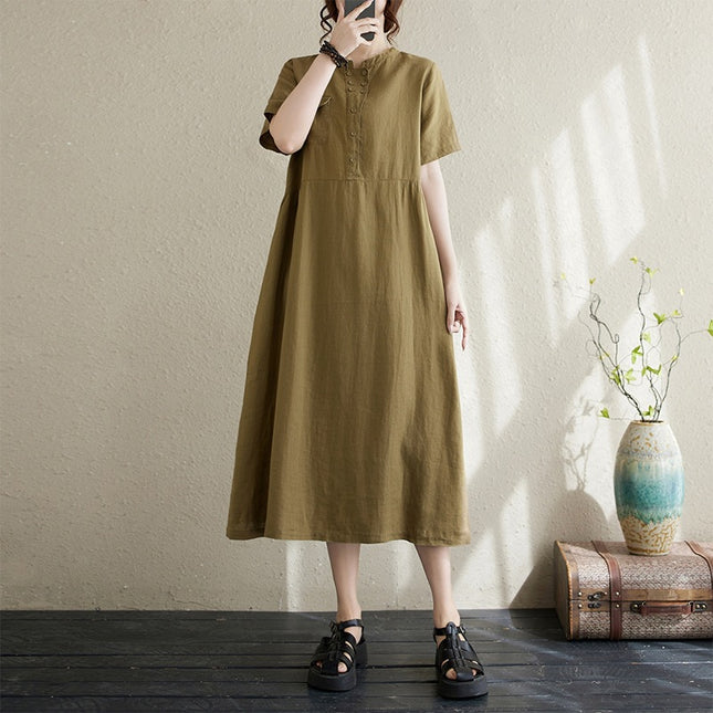 2025 Summer New Japanese Artistic Short-sleeved Cotton and Linen dress Women's Loose Slimming Solid Color Round Neck Long Skirt