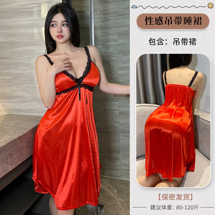 Sexy Strap Nightgown Backless Lace Nightgown Summer Sexy Pure Satin Sexy Nightgown Home Thin Nightgown
