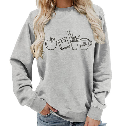 Apple Books Tea Cup Pencil Printing Crewneck Women's Top Sweatshirt Foreign Trade Supply Autumn and Winter Coat Casual Loose