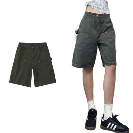 American Military Green Workwear Five-Point Jeans for Women Summer 2025 New Medium Pants Straight Sycamore Wide-Leg Shorts