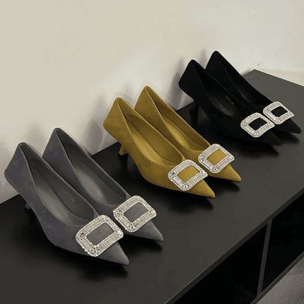 Ready Stock, Dropshipping Available~ Stunning Women's Single Shoes with Diamond Buckle, Elegant Pointed Toe, Shallow Mouth, Comfortable for Feet, Suitable for Commuting, High-Heeled Shoes
