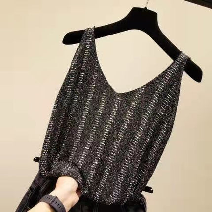 2026 Student Women's Clothing Ice Silk Rhinestone-Embellished Camisole Summer Loose Short T-Shirt Sleeveless Versatile V-Neck Base Shirt