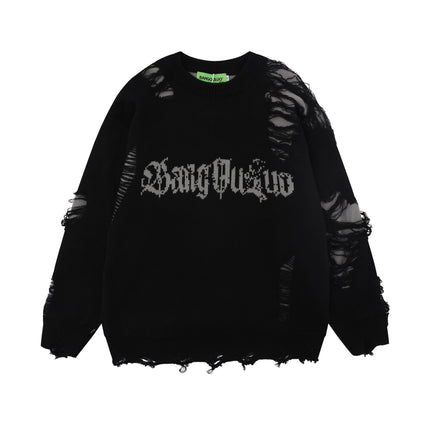 National Fashion Retro Ripped Double-sided Gothic Alphabet Jacquard Crewneck Sweater Men's and Women's Fashion Brand Loose Casual Knitted Sweater