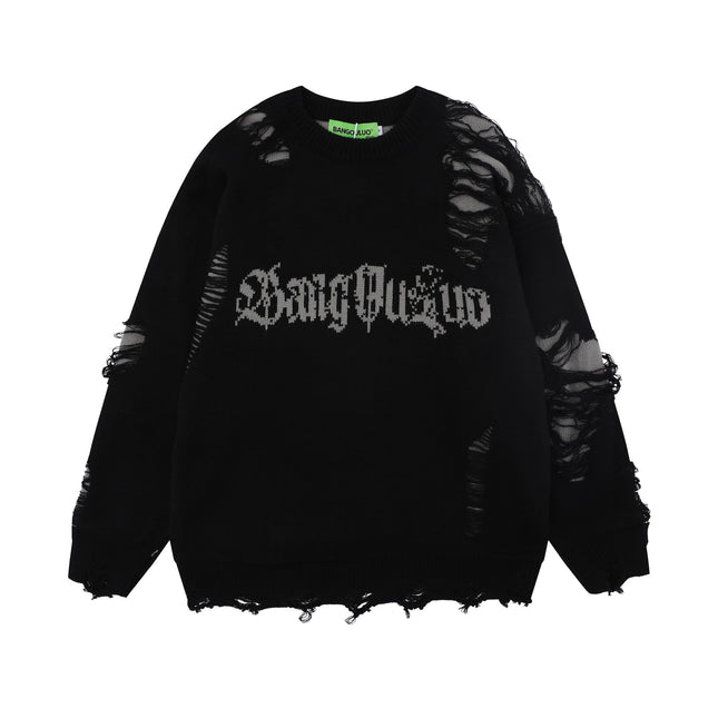 National Fashion Retro Ripped Double-sided Gothic Alphabet Jacquard Crewneck Sweater Men's and Women's Fashion Brand Loose Casual Knitted Sweater