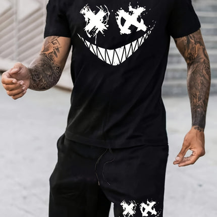 Men's Summer Black Trendy American Street Casual Fashion Smiley Face Printed Short-Sleeved Shorts Suit