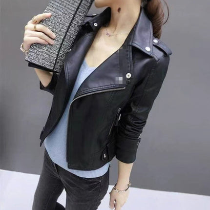 2025 Women's Leather Jacket Autumn Korean Style Slim Fit Motorcycle Pu Leather Casual Versatile Jacket