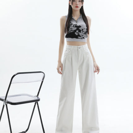 Spring 2025 New White Pleated Design Wide-leg Jeans Women's Loose Slimming All-match Simple Drape Straight