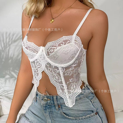Pure Lusty Sexy Hot Girl Lace Bra and Intimates with Unique Design Suspenders and Chic Slit Navel-Baring Beautiful Back Top