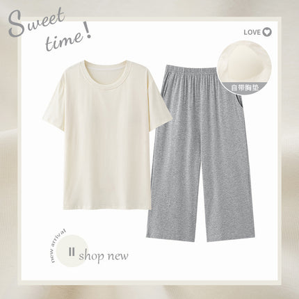 Summer Women's Pet Skin-feeling Cool Cotton Morandi Color-based Home Clothes Girl's Short-sleeved Cropped Pants Pajamas with Chest Pad