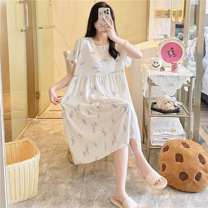 Cotton Silk Nightgown for Women, Summer Thin Short-Sleeved Printed Large Size Nightgown, Pregnant Women Can Wear It Outside, Cool Rayon Home Clothes
