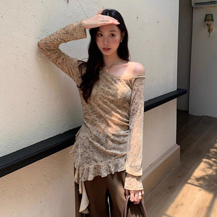 Smudged One-Line Collar Long-Sleeved Lace Asymmetrical T-Shirt for Women Early Autumn New High-End Elegant Slim Long-Sleeved Shirt