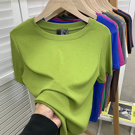 European New plus size Solid Color Loose Elastic Thread Short-sleeved T-shirt Women's Base Shirt Top Fashionable Green Shirt