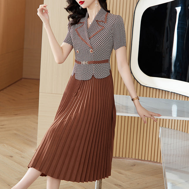 Miyake Pleated Dress 2026 Summer New Fashion Small Plaid Suit Collar Pleated Skirt Waist-Cinching Slimming Magic Dress