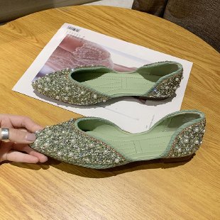 Flat Shoes for Women 2025 Spring and Summer New Retro Shallow Mouth Pointed Toe Soft Bottom Bean Shoes Bow Rhinestone Scoop Shoes