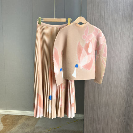 Early Autumn Pleated Fashion Stylish Design Printed High Neck Slim-Fit Stretch Long Sleeve Top Elastic Waist Skirt suit