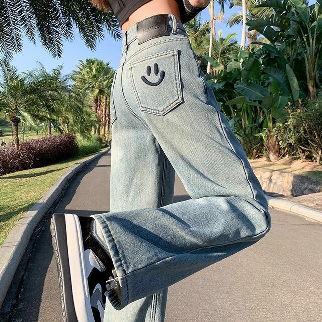 Light Color Wide Leg Jeans Women's Trendy All-match New High Waist Loose Dosing Narrow Retro Straight Pants