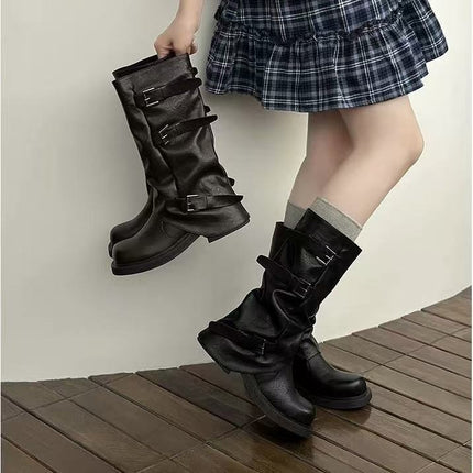 Thick-Soled Belt Buckle Trouser Boots for Women, Pleated Soft Leather Square and Round Toe Mid-Calf Boots, Autumn and Winter New High-Top Knight Boots