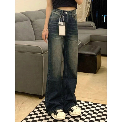 Blue Grey Slax Jeans Women's Fashionable All-match New High Waist Slimming Loose Flesh Covering Simple Casual Wide-leg Pants
