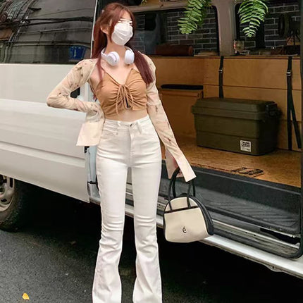 American-Style White High-Waisted Flared Jeans for Women, Spring and Autumn, Plus-Size, Stretchy, Slimming, Floor-Length Bootcut Pants