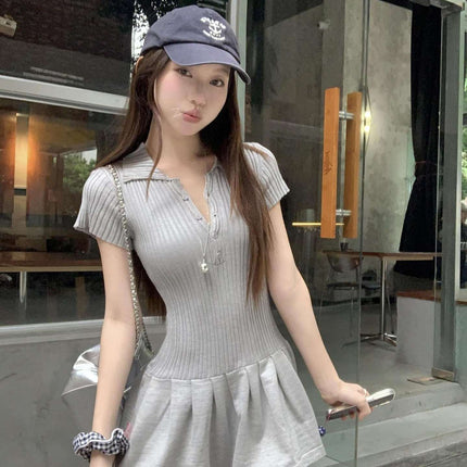 Grey Polo Neck Short-sleeved dress Women's Summer Slim-fit Tight Waisted Short Skirt Small Hot Girl Slim A- line Skirt