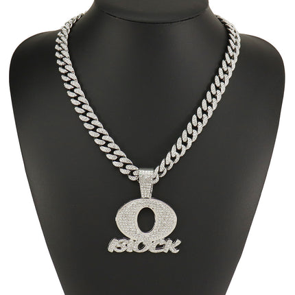 European and American Personality Hip Hop Cross-border Men's Jewelry Fashion Brand OBLOCK English Letter Pendant Full Diamond Cuban Chain Necklace