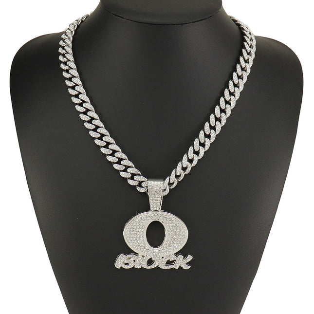 European and American Personality Hip Hop Cross-border Men's Jewelry Fashion Brand OBLOCK English Letter Pendant Full Diamond Cuban Chain Necklace