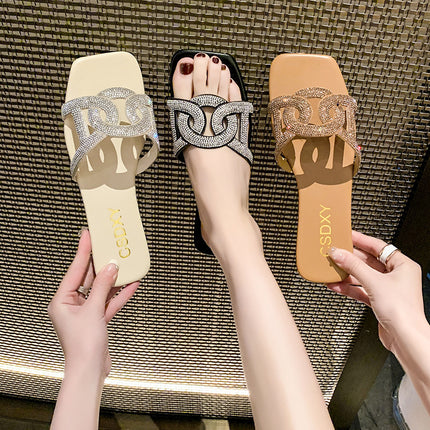Cross-border Trade Rhinestone Cross Flat Slippers Women's 2024 Summer New Square Head Low-heeled Beach Sandals