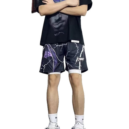 Men's American-Style Shorts with Lightning Bolt Design, Trendy Basketball Sports Shorts, Knee-Length Running Fitness Casual Pants
