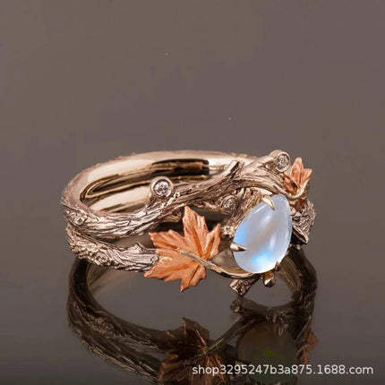 European and American Cross-Border Fashion Design Ins Style Retro Ancient Golden Branches Maple Leaf Ring Women's Niche High-End Index Finger Ring