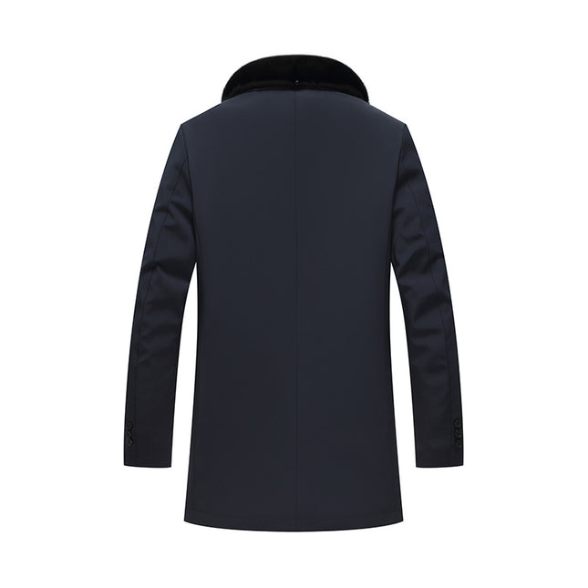 Men's Pure Color Winter Warm Outwear with Fur Collar Liner Removable Mid-Length Thickeneded Pie Jacket