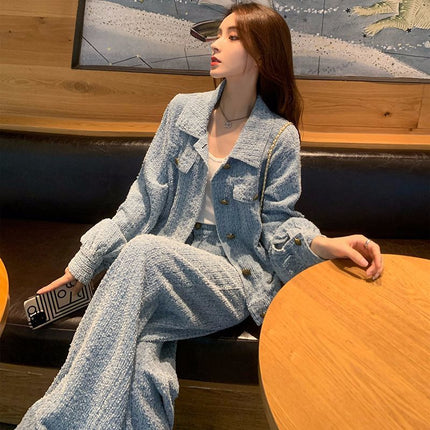 Xiao Xiang style Denim suit women's autumn 2024 new fashion sense foreign style age-reducing wide leg pants two-piece set
