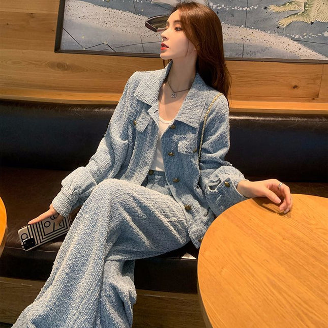 Xiao Xiang style Denim suit women's autumn 2024 new fashion sense foreign style age-reducing wide leg pants two-piece set
