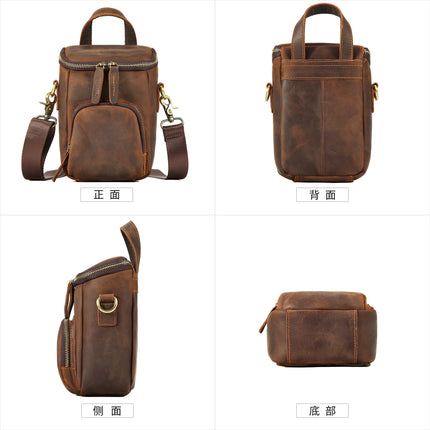New Style Crazy Horse Leather Crossbody Bag, Retro Men's Shoulder Bucket Bag, Casual Commuting Mobile Phone Bag, Leather Bag, Cross-Border Foreign Trade