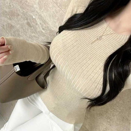 South Korea Dongdaemun Commuter All-match Sexy Spice Girl Body-tight Figure-fitting Slimming Long-sleeved Base Sweater Top for Women
