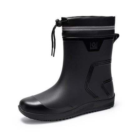 Rain Boots Men's Mid-Calf Water Shoes Waterproof Mouth Drawstring Rubber Shoes Kitchen Takeaway Rider Overshoes Fleece-Lined Warm Rain Boots